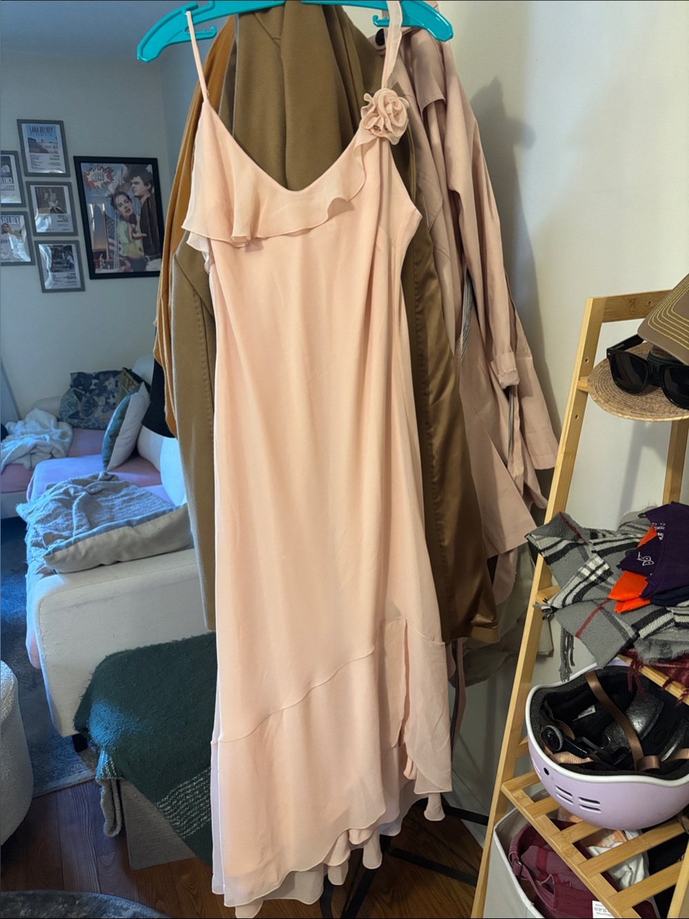 Aritzia Blush Pink Engage Ruffle-Trim Maxi Dress with Floral Shoulder